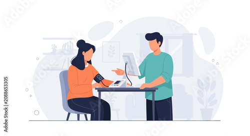 Doctor checking patient's blood pressure with modern device in flat illustration style