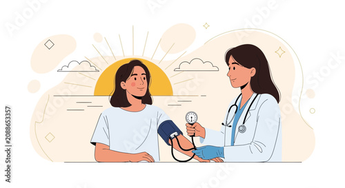 Doctor checking patient's blood pressure with sphygmomanometer, healthcare concept, vector illustration