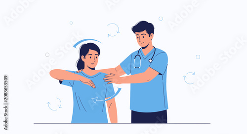 Doctor assisting patient with physical therapy, rehabilitation, and shoulder mobility exercises in a modern flat vector illustration.