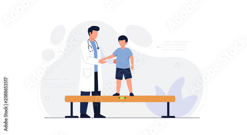 Doctor assists child on balance beam, promoting physical therapy and rehabilitation, vector illustration