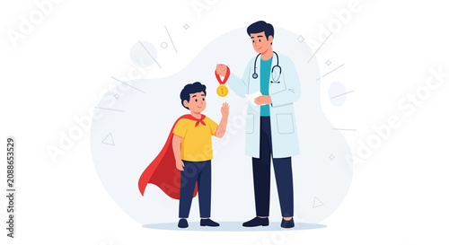 Doctor awards medal to young superhero child patient, symbolizing recovery, health, and medical success