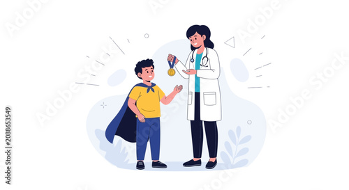 Doctor Awards Medal to Happy Child Dressed as Superhero, Vector Illustration