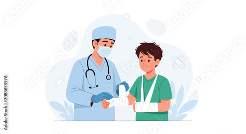 Doctor Bandaging Child's Broken Arm in Modern Flat Illustration Style, Healthcare Concept