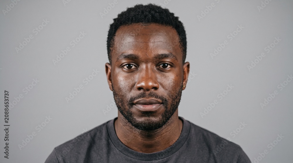 Obraz premium Close up portrait of a young Black man with short curly hair and a beard looking directly at the camera