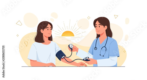 Doctor checking patient's blood pressure during sunrise, vector illustration representing healthcare and well-being.
