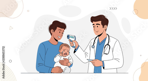 Doctor checking infant temperature with non-contact thermometer, father holding crying baby, healthcare concept vector illustration