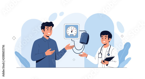 Doctor Checking Patient's Blood Pressure, Health Checkup and Medical Consultation Vector Illustration