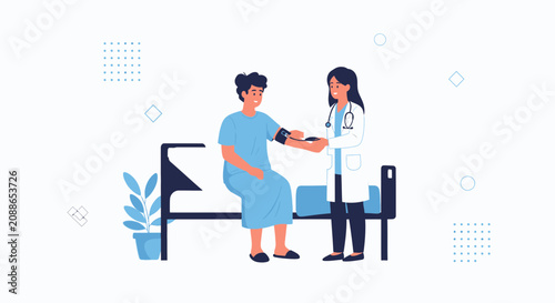 Doctor checking patient's blood pressure in a clinic, medical check-up illustration