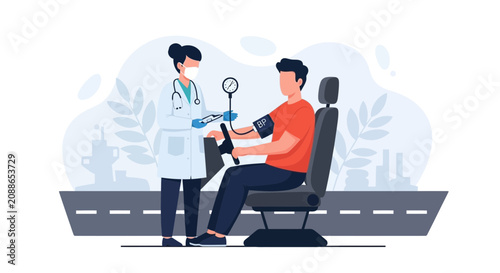 Doctor checking patient's blood pressure in a car seat, illustrating health checks during travel or remote medical services.
