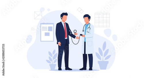 Doctor checking patient's blood pressure in a modern clinic, vector illustration