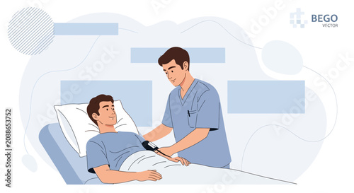 Doctor checking patient's blood pressure in hospital bed - modern vector illustration
