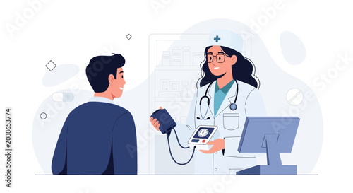 Doctor checking patient's blood pressure in clinic, vector illustration. Healthcare concept, medical check-up, and healthy lifestyle.