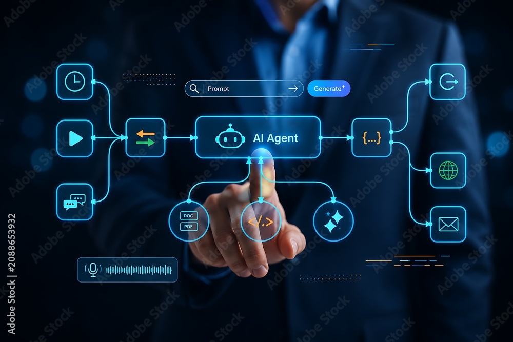 Obraz premium AI agent processing data and generating output with flow chart and digital interface.