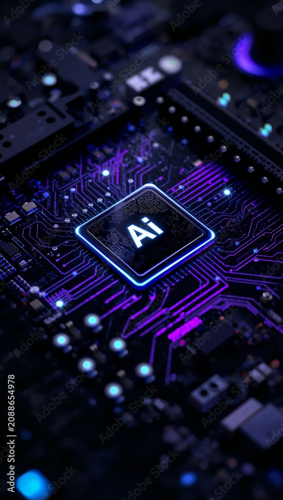 Fototapeta premium Futuristic AI processor embedded on a high-tech circuit board illuminated by vibrant blue and purple neon lights, symbolizing artificial intelligence, advanced computing and digital innovation.