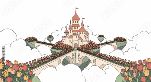 Fantasy Castle with Crowds and Bridges in the Clouds.