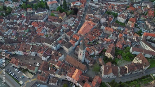 Aerial panoramic view above the old town around the city Chur in Switzerland on a sunny summer afternoon. 