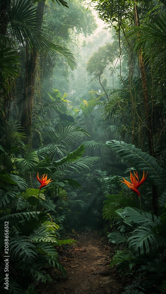 Naklejka premium Lush tropical rainforest pathway illuminated by dramatic sun rays filtering through dense jungle foliage, creating a serene and mysterious nature scene.