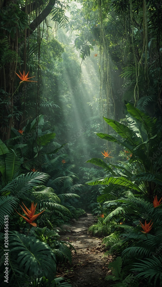 Naklejka premium Lush tropical rainforest pathway illuminated by dramatic sun rays filtering through dense jungle foliage, creating a serene and mysterious nature scene.