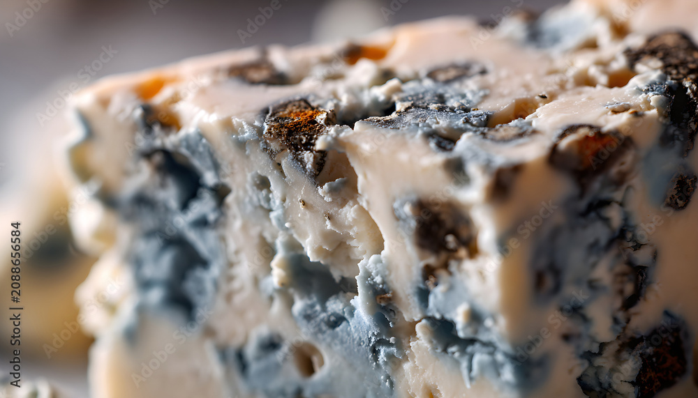 Fototapeta premium Macro view of Bleu d'Auvergne cheese revealing creamy texture, natural mold veins and organic patterns. Detailed food footage with shallow depth of field.