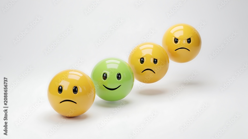 Naklejka premium Customer satisfaction rating scale with emoji spheres, emotional feedback icons for business survey, glossy 3d emoticons representing user experience