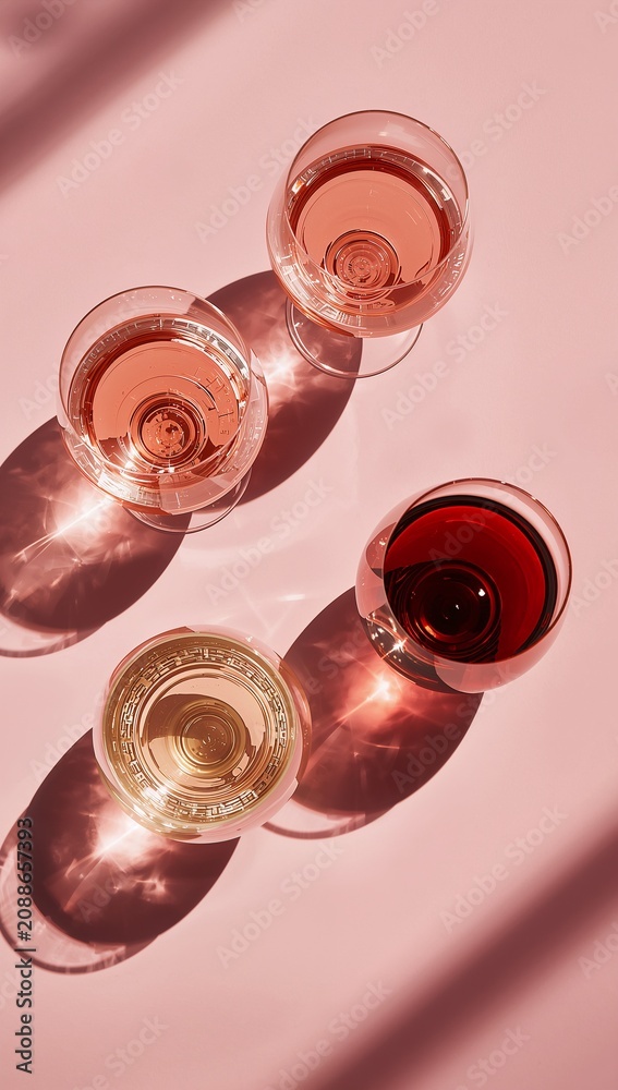 Obraz premium Four glasses of red, white, and rosé wine arranged on a pastel pink background with elegant sunlight shadows, creating a sophisticated tasting and celebration concept.