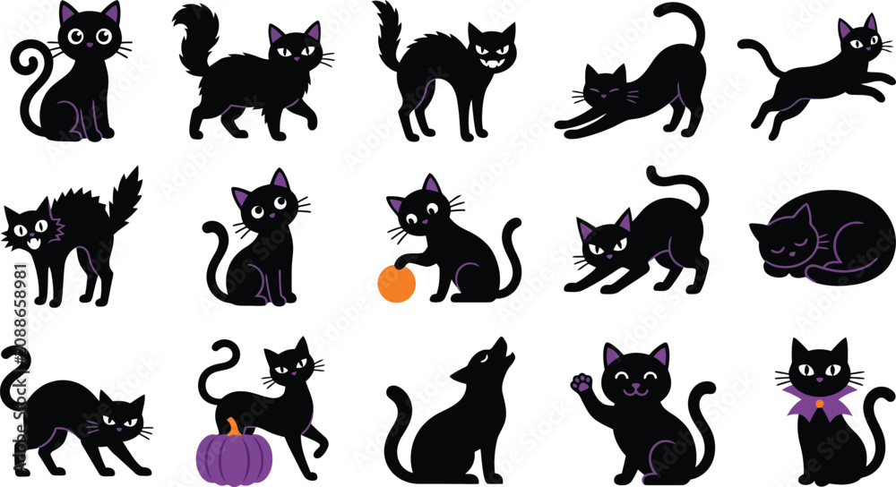 Naklejka premium Halloween black cats collection spooky feline illustrations for october 31st