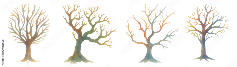Fototapeta premium Trees lacking leaves are depicted in a soft watercolor wash to symbolize the transition of seasons and the cycle of life in nature.