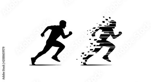 Tableau sur toile Running man and dissolving figure silhouette against a white background