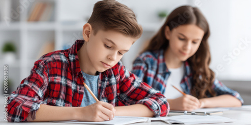 Schoolchildren writing focused in a classroom