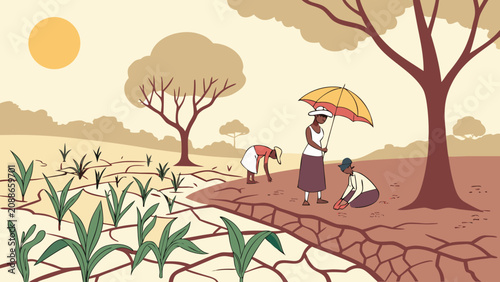 Drought and climate change affecting agriculture with farmers and dry cracked land agriculture environment sustainability landscape umbrella shortage survival hardship illustration disaster