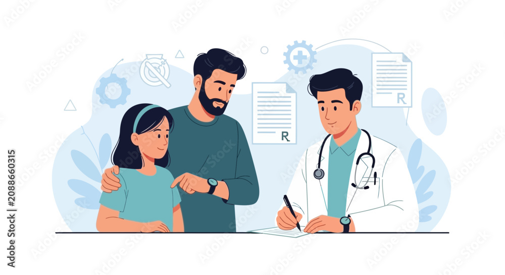 Fototapeta premium Doctor Consults with Father and Daughter, Writing Prescription - Modern Flat Illustration