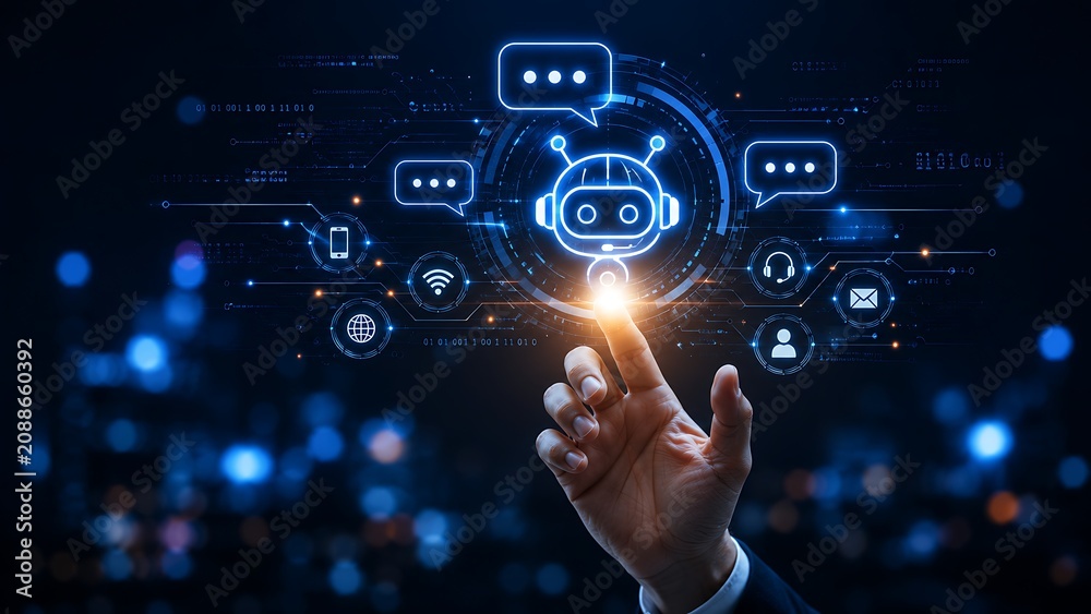 Fototapeta premium Businessman hand touching virtual interface featuring chatbot icon for customer support.