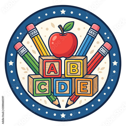 Colorful school education emblem featuring alphabet blocks and pencils with an apple