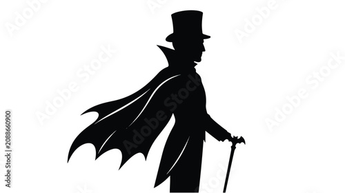 Fotografie Vampire silhouette in top hat and cape, gothic dracula character with walking st