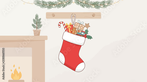 Red Christmas stocking filled with gifts and candy canes hanging near fireplace