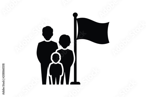 Family standing with a flag vector icon representing national pride and unity for citizens featuring a simplified silhouette illustration of parents and a child on a white background for design projec