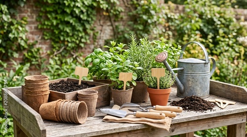 Fresh green herbs in clay pots with garden tools and watering can on a wooden table in a sunny backyard garden setting for spring planting time