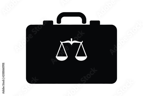 Minimalist black briefcase silhouette with a white scale of justice icon inside representing legal practice professional law firms litigation service business consulting and corporate legal authority