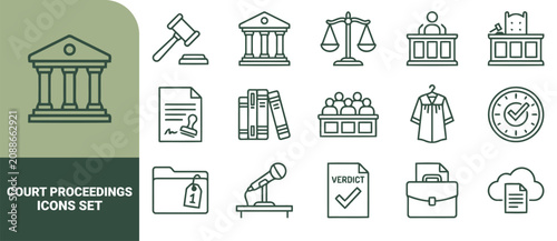 Photos Set of dark green line icons representing court proceedings, legal symbols, cour