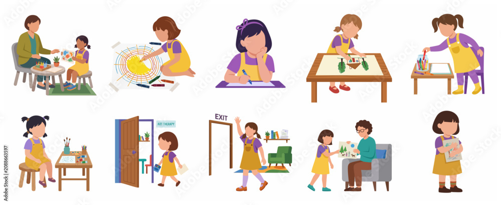 Fototapeta premium Collection of children in art therapy sessions, drawing and painting for mental health and creative development