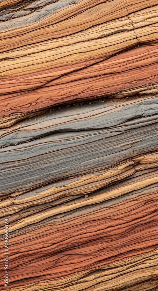 Fototapeta premium Vibrant close up of textured sedimentary rock layers in warm sandstone and terracotta tones