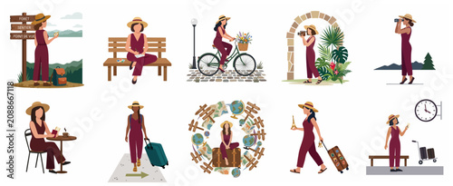 Fotografía Vector illustration set of a young woman enjoying various travel activities like