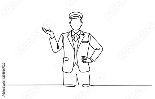 Tableau sur toile Continuous single line drawing of a friendly hotel bellboy in uniform gesturing