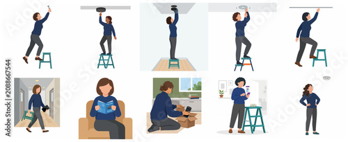 Woman installing and setting up a smart smoke detector at home vector illustration set
