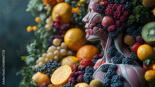 Realistic 3D Render of the Human Body with Lungs and Heart Visible, Surrounded by Fresh Fruits, Vegetables, and Natural Healing Herbs in a Holistic Health Setting. --ar 16:9 --stylize 750 --v 6.1 Job 