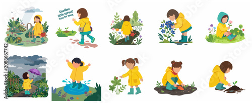 Canvastavla Set of cute little girl character illustrations wearing yellow raincoat gardenin