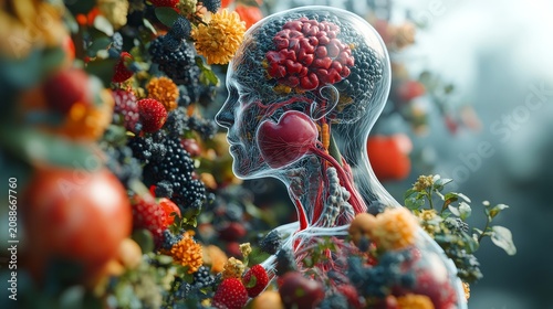 Realistic 3D Render of the Human Body with Lungs and Heart Visible, Surrounded by Fresh Fruits, Vegetables, and Natural Healing Herbs in a Holistic Health Setting. --ar 16:9 --stylize 750 --v 6.1 Job 
