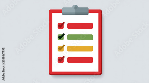 Red Clipboard with Colorful Checklist and Checkmarks on a Light Gray Background – Task Management and Project Completion Concept