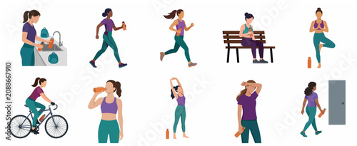 Foto Vector illustration set of women staying hydrated during various fitness activit