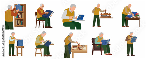 Принти на полотні Senior bookbinder character set, elderly man restoring, cleaning, and repairing books and encyclopedias flat vector illustration